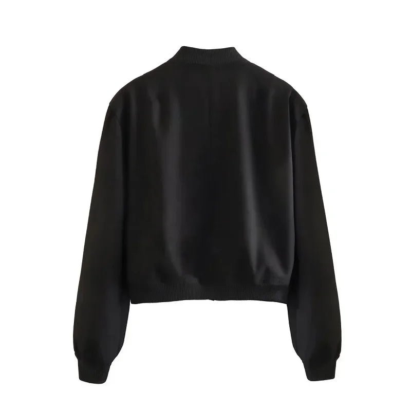 TRAF Woman Bomber Jacket Coat White Autumn Winter Button Baseball Aviator Cropped Jackets for Women Long Sleeve Crop Outerwear - UT KICK ASSjacket14:201800840;5:361385