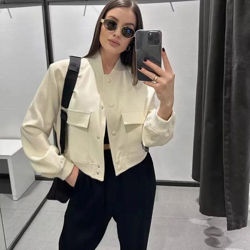 TRAF Woman Bomber Jacket Coat White Autumn Winter Button Baseball Aviator Cropped Jackets for Women Long Sleeve Crop Outerwear - UT KICK ASSjacket14:771;5:100014064