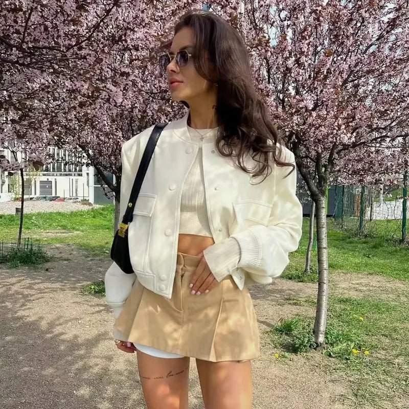 TRAF Woman Bomber Jacket Coat White Autumn Winter Button Baseball Aviator Cropped Jackets for Women Long Sleeve Crop Outerwear - UT KICK ASSjacket14:771;5:100014064