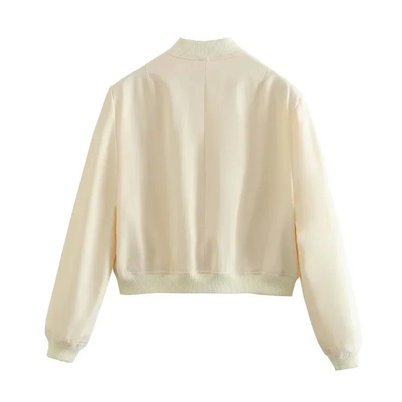 TRAF Woman Bomber Jacket Coat White Autumn Winter Button Baseball Aviator Cropped Jackets for Women Long Sleeve Crop Outerwear - UT KICK ASSjacket14:201800840;5:361385