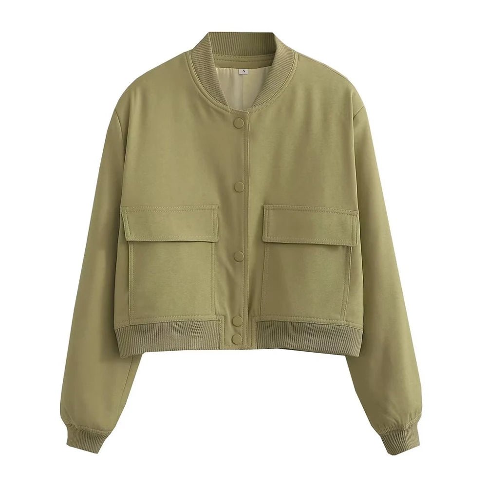 TRAF Women Fashion With Pockets Bomber Jacket Coats Vintage Long Sleeve Front Button Casual Female Outerwear Chic Tops - UT KICK ASSjacket14:200004889#as picture;5:361385