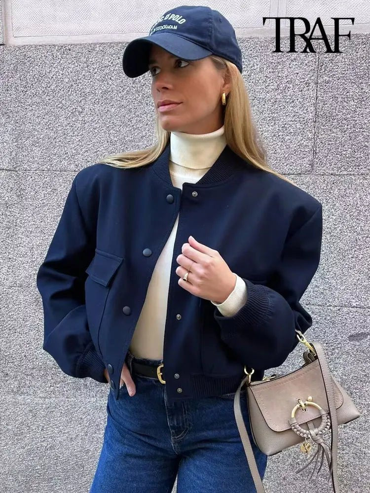 TRAF Women Fashion With Pockets Bomber Jacket Coats Vintage Long Sleeve Front Button Casual Female Outerwear Chic Tops - UT KICK ASSjacket14:1052#as picture;5:100014064