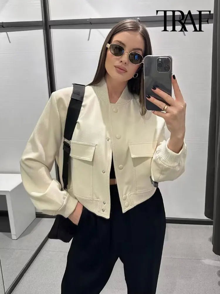 TRAF Women Fashion With Pockets Bomber Jacket Coats Vintage Long Sleeve Front Button Casual Female Outerwear Chic Tops - UT KICK ASSjacket14:1052#as picture;5:100014064