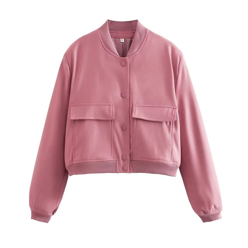 TRAF Women Fashion With Pockets Bomber Jacket Coats Vintage Long Sleeve Front Button Casual Female Outerwear Chic Tops - UT KICK ASSjacket14:1052#as picture;5:100014064