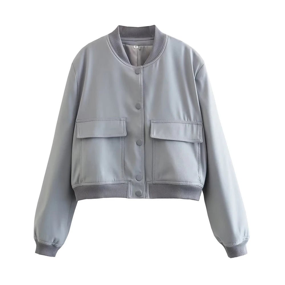 TRAF Women Fashion With Pockets Bomber Jacket Coats Vintage Long Sleeve Front Button Casual Female Outerwear Chic Tops - UT KICK ASSjacket14:691#as picture;5:100014064
