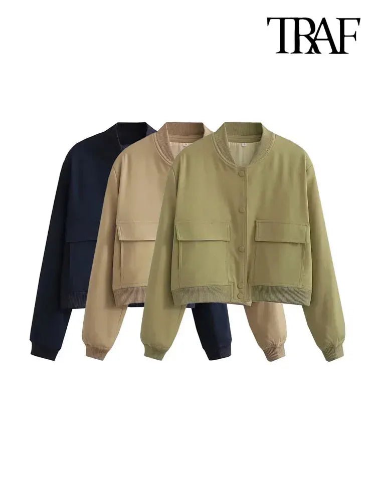 TRAF Women Fashion With Pockets Bomber Jacket Coats Vintage Long Sleeve Front Button Casual Female Outerwear Chic Tops - UT KICK ASSjacket14:1052#as picture;5:100014064
