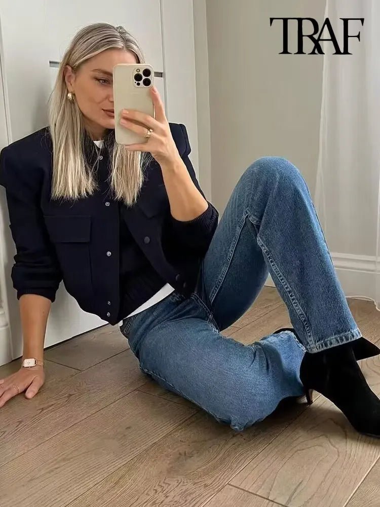 TRAF Women Fashion With Pockets Bomber Jacket Coats Vintage Long Sleeve Front Button Casual Female Outerwear Chic Tops - UT KICK ASSjacket14:1052#as picture;5:100014064