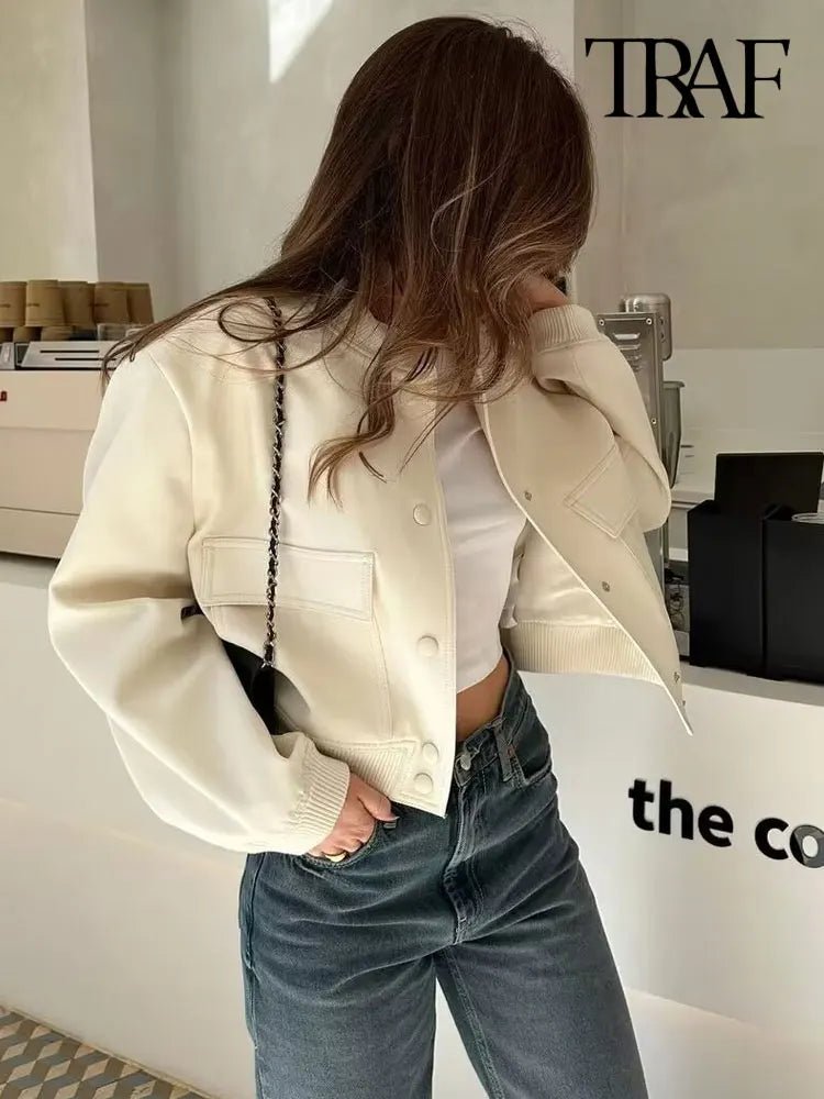 TRAF Women Fashion With Pockets Bomber Jacket Coats Vintage Long Sleeve Front Button Casual Female Outerwear Chic Tops - UT KICK ASSjacket14:1052#as picture;5:100014064