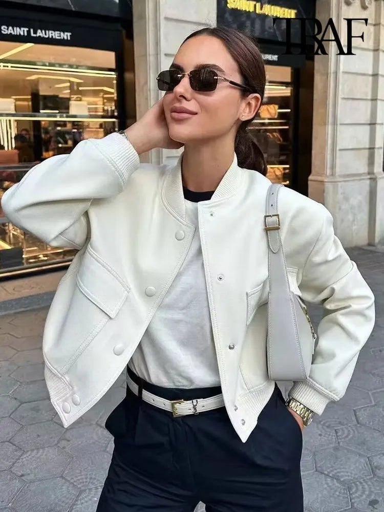 TRAF Women Fashion With Pockets Bomber Jacket Coats Vintage Long Sleeve Front Button Casual Female Outerwear Chic Tops - UT KICK ASSjacket14:1052#as picture;5:100014064