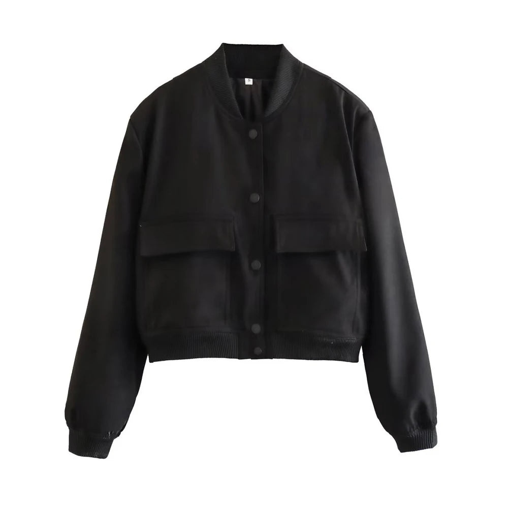 TRAF Women Fashion With Pockets Bomber Jacket Coats Vintage Long Sleeve Front Button Casual Female Outerwear Chic Tops - UT KICK ASSjacket14:193#as picture;5:361385