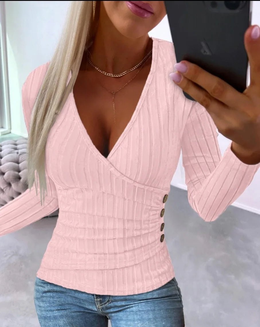 V - Neck S - 2XL 7 Colors Long Sleeve T-Shirt Women's Slim Top Spring Autumn Lady Button Knit Top - UT KICK ASStop14:350852#winered;5:100014065