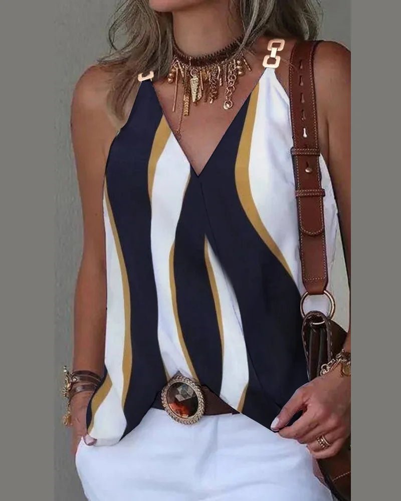 V - NeckElegant Blouse S - 2XL Women, Sexy Sleeveless Chain Print, Lady Casual Tops, White, Summer, 2024 - UT KICK ASStop14:100010417#Striped;5:4182