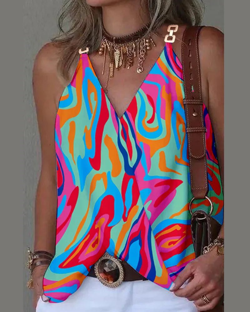 V - NeckElegant Blouse S - 2XL Women, Sexy Sleeveless Chain Print, Lady Casual Tops, White, Summer, 2024 - UT KICK ASStop14:200006159#Color;5:4182