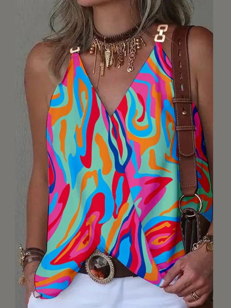 V - NeckElegant Blouse S - 2XL Women, Sexy Sleeveless Chain Print, Lady Casual Tops, White, Summer, 2024 - UT KICK ASStop14:100010417#Striped;5:4182