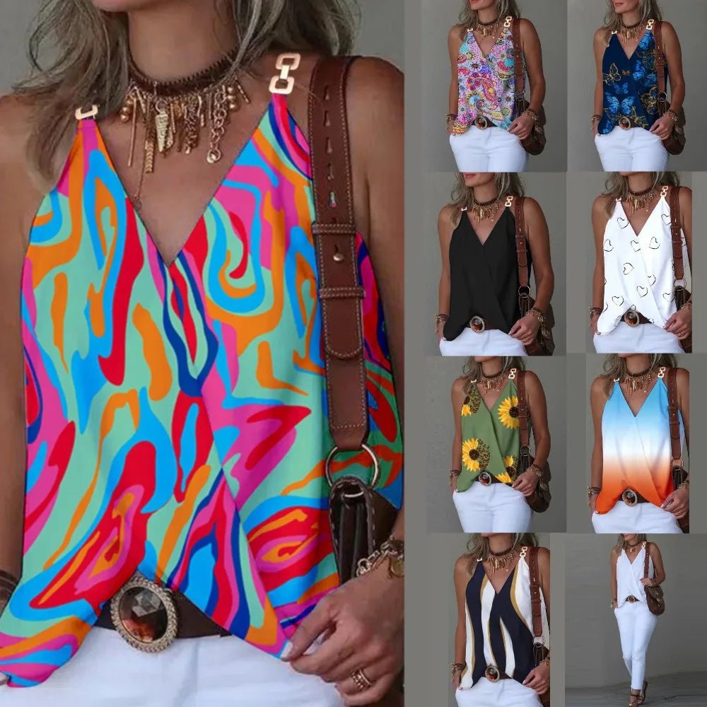 V - NeckElegant Blouse S - 2XL Women, Sexy Sleeveless Chain Print, Lady Casual Tops, White, Summer, 2024 - UT KICK ASStop14:100010417#Striped;5:4182