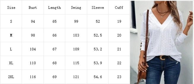 White V - Neck Long SleeveS - 2XL Women's Hollow Button Blouse Simple Elegant Autumn Office Lady Top - UT KICK ASStop14:29#White;5:100014064