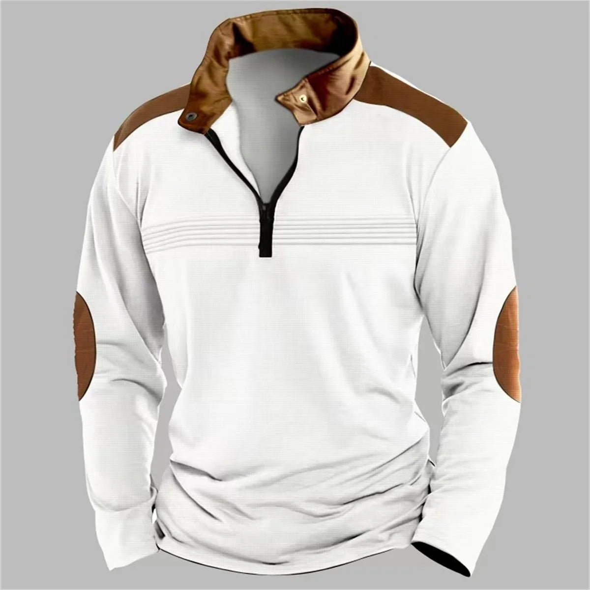 Winter Fashion S - 3XL Everyday Casual Solid Color Zipper Chest Pleated Stripe Patchwork Comfortable Long - Sleeved POLO Shirt - UT KICK ASSlong sleeve14:771#White;200007763:201336100;5:100014065