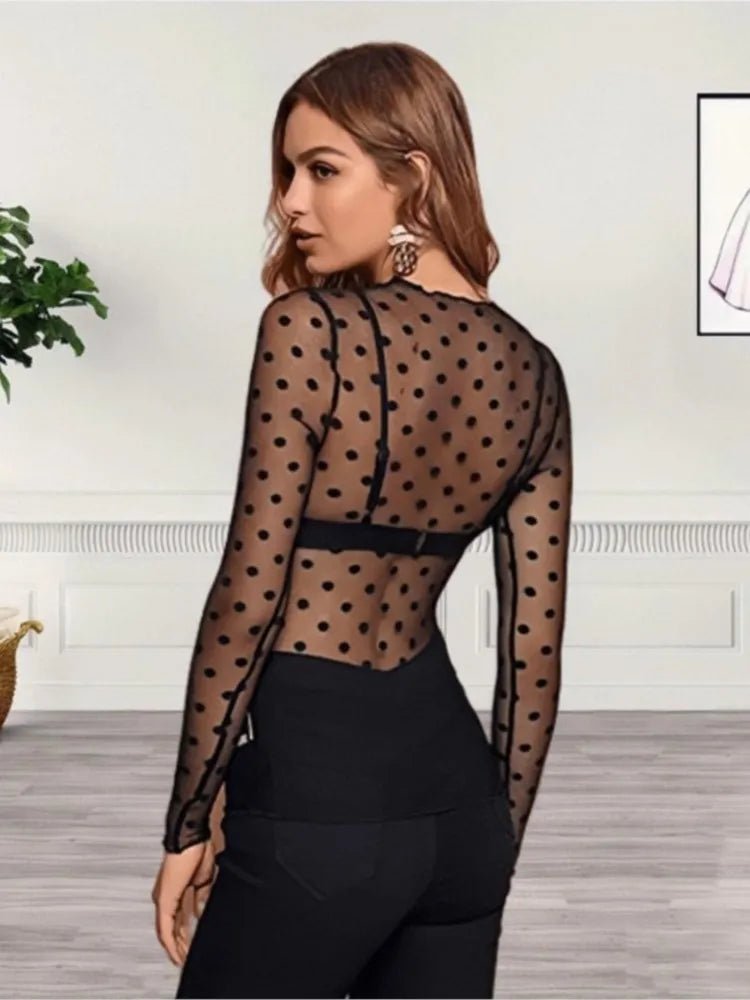 Women Basics Retro Sexy S - 2XL Polka Dot O Neck Bodycon Tops Off The Shoulder Vintage Solid Streetwear Lace Transparent - UT KICK ASStop14:29;5:100014064