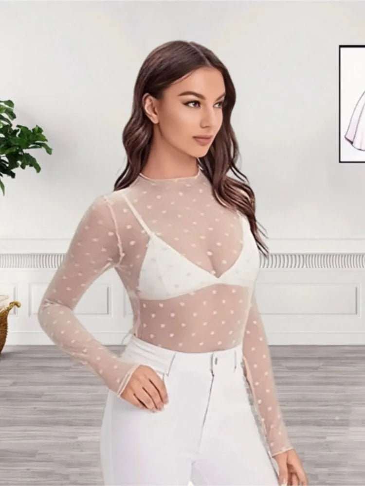 Women Basics Retro Sexy S - 2XL Polka Dot O Neck Bodycon Tops Off The Shoulder Vintage Solid Streetwear Lace Transparent - UT KICK ASStop14:29;5:100014064