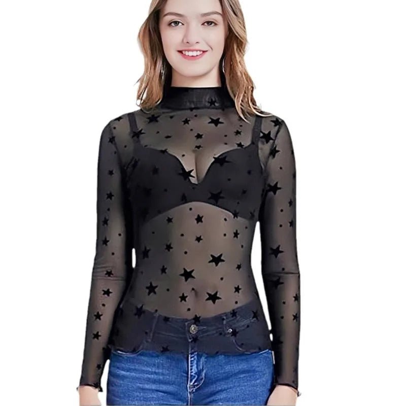Women Basics Retro Sexy S - 2XL Polka Dot O Neck Bodycon Tops Off The Shoulder Vintage Solid Streetwear Lace Transparent - UT KICK ASStop14:350850#Star;5:361386