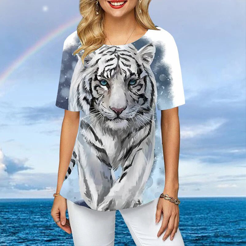 Women Plus Size Ladies Tee Short Sleeve L - 2XL Colorful Tiger 3d Print Loose Casual Tops Female Irregular Summer Clothes - UT KICK ASS14:200002130#C01 - YY11531;5:361385