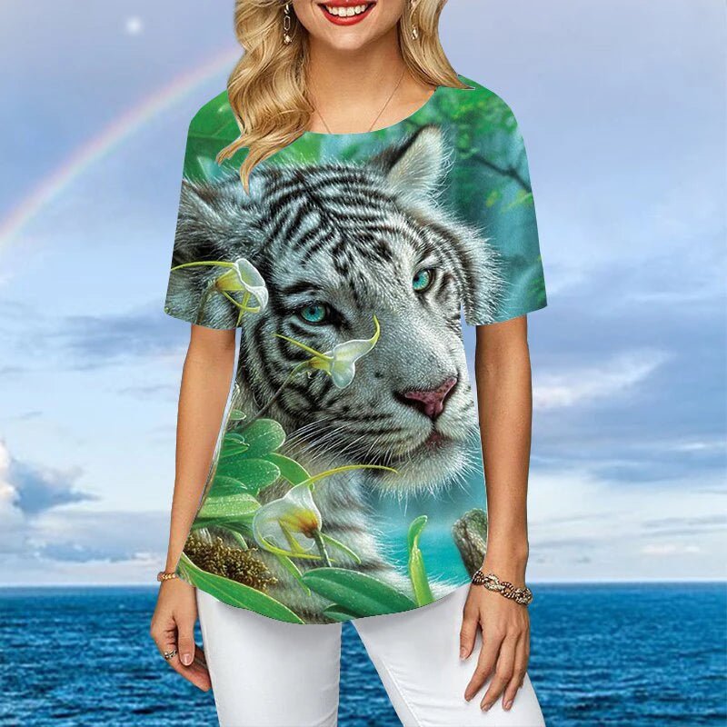 Women Plus Size Ladies Tee Short Sleeve L - 2XL Colorful Tiger 3d Print Loose Casual Tops Female Irregular Summer Clothes - UT KICK ASS14:200002130#C01 - YY11531;5:361385
