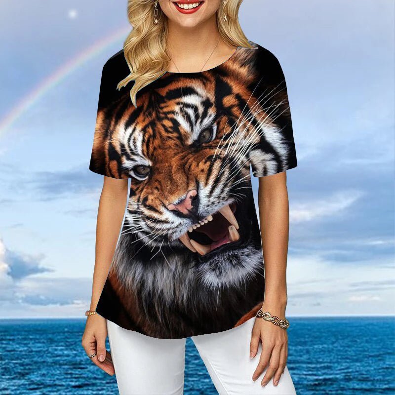 Women Plus Size Ladies Tee Short Sleeve L - 2XL Colorful Tiger 3d Print Loose Casual Tops Female Irregular Summer Clothes - UT KICK ASS14:193#C01 - YY11522;5:4183#3XL