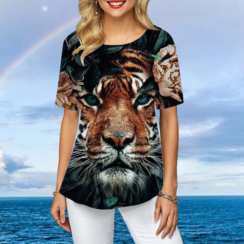 Women Plus Size Ladies Tee Short Sleeve L - 2XL Colorful Tiger 3d Print Loose Casual Tops Female Irregular Summer Clothes - UT KICK ASS14:200002130#C01 - YY11531;5:361385