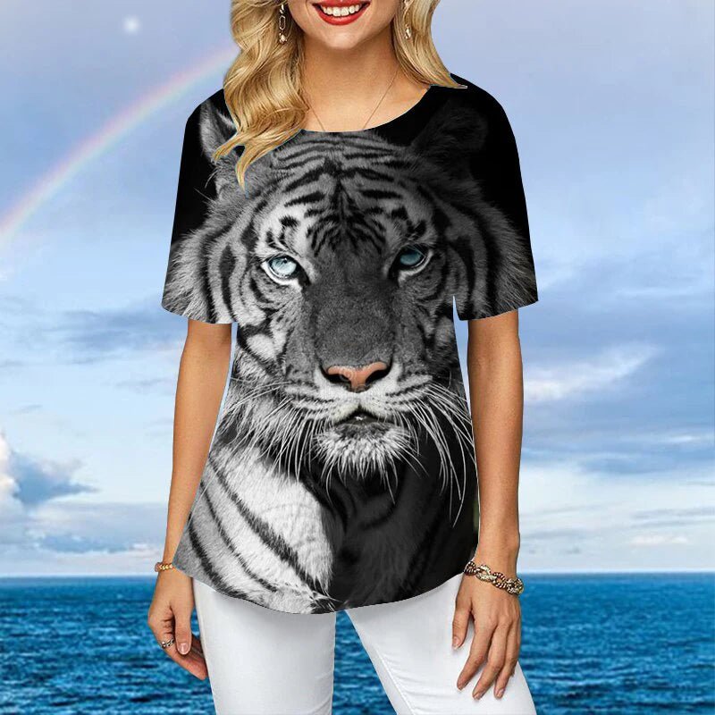 Women Plus Size Ladies Tee Short Sleeve L - 2XL Colorful Tiger 3d Print Loose Casual Tops Female Irregular Summer Clothes - UT KICK ASS14:496#C01 - YY11536;5:4182#2XL