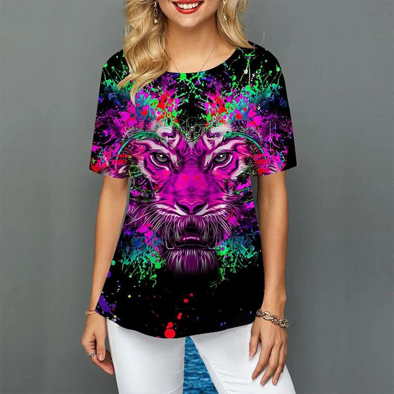 Women Plus Size Ladies Tee Short Sleeve L - 2XL Colorful Tiger 3d Print Loose Casual Tops Female Irregular Summer Clothes - UT KICK ASS14:200002130#C01 - YY11531;5:361385