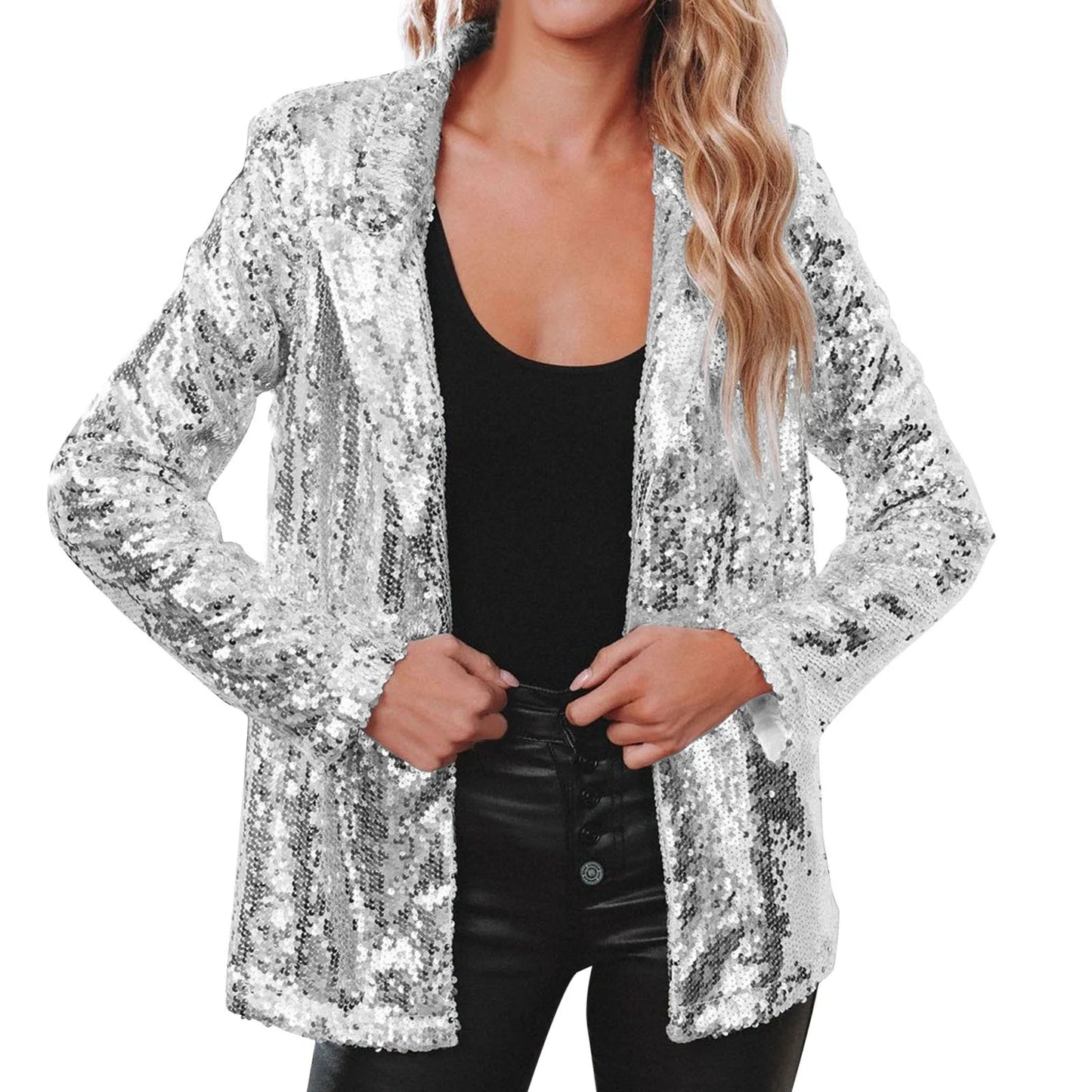 Women Sequins Sequin Jacket Casual Long Sleeve Glitter Party Shiny Lapel Coat Vintage Lapel Sequins Jackets Club Party Wear - UT KICK ASSjacket14:350853#Silver;5:100014065
