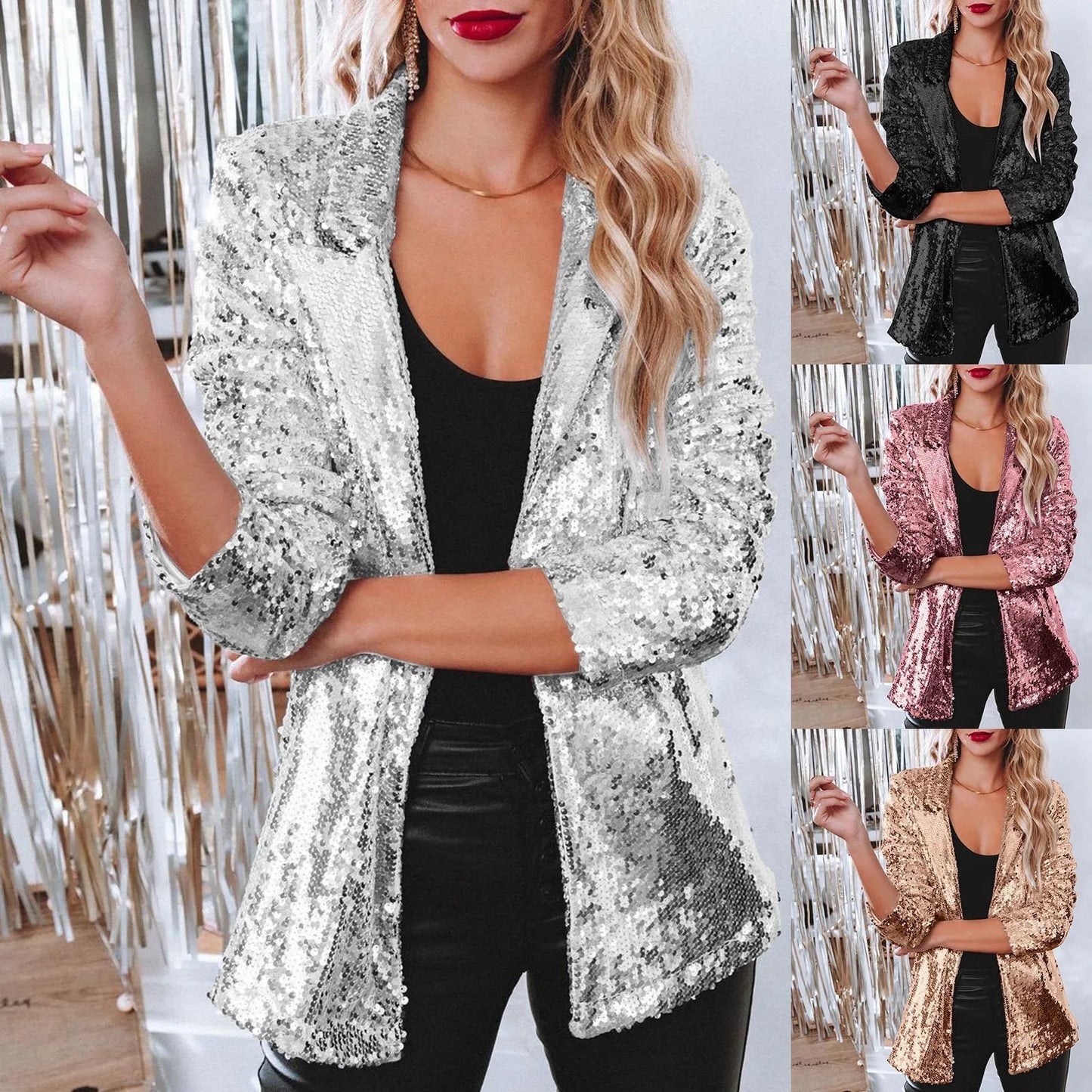 Women Sequins Sequin Jacket Casual Long Sleeve Glitter Party Shiny Lapel Coat Vintage Lapel Sequins Jackets Club Party Wear - UT KICK ASSjacket14:200211869#Hot Pink;5:100014064