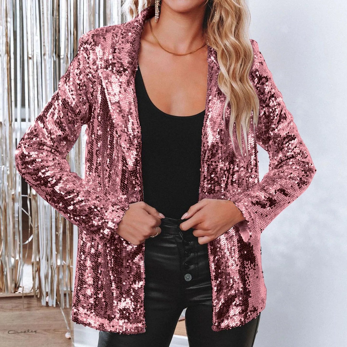 Women Sequins Sequin Jacket Casual Long Sleeve Glitter Party Shiny Lapel Coat Vintage Lapel Sequins Jackets Club Party Wear - UT KICK ASSjacket14:200211869#Hot Pink;5:100014064