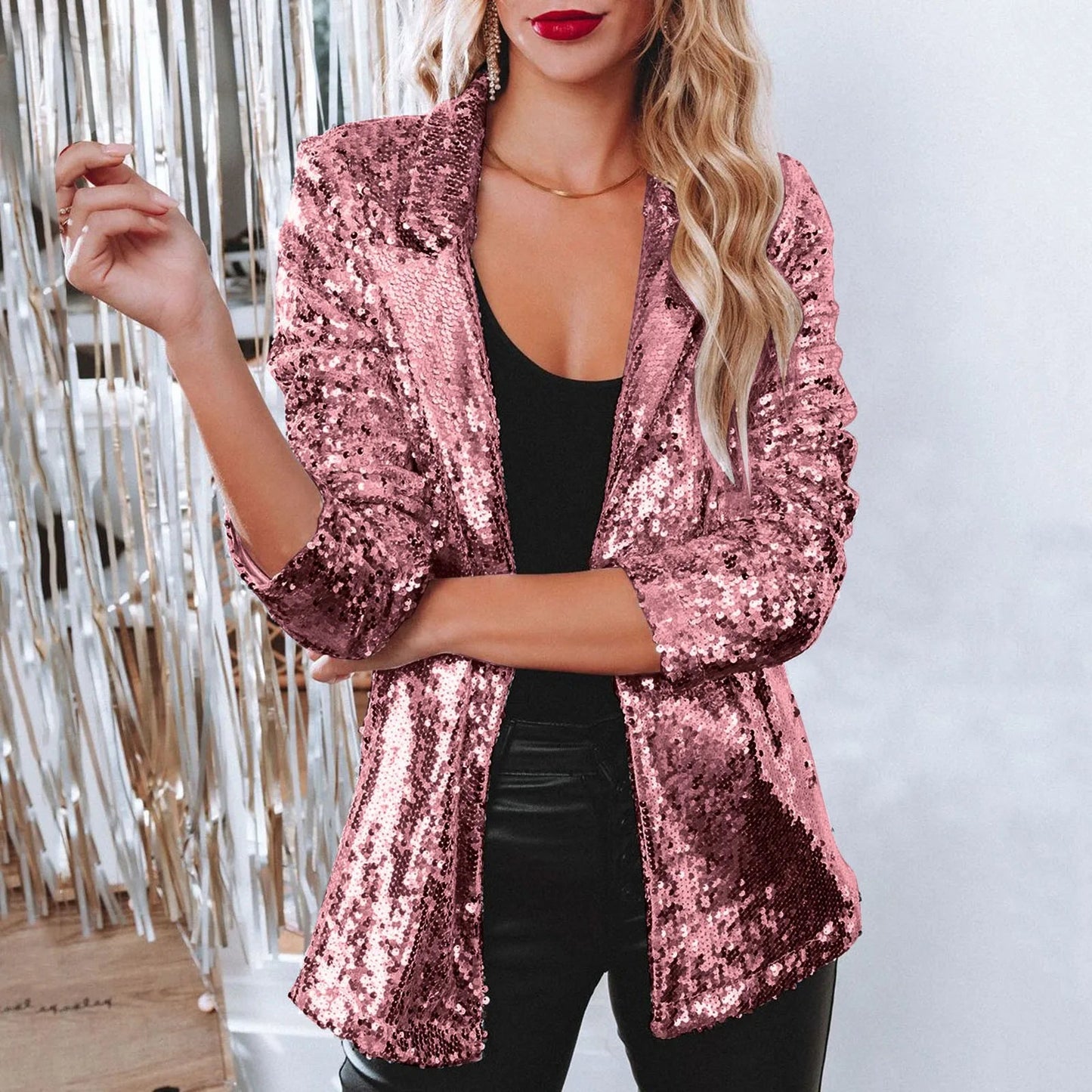 Women Sequins Sequin Jacket Casual Long Sleeve Glitter Party Shiny Lapel Coat Vintage Lapel Sequins Jackets Club Party Wear - UT KICK ASSjacket14:200211869#Hot Pink;5:100014064