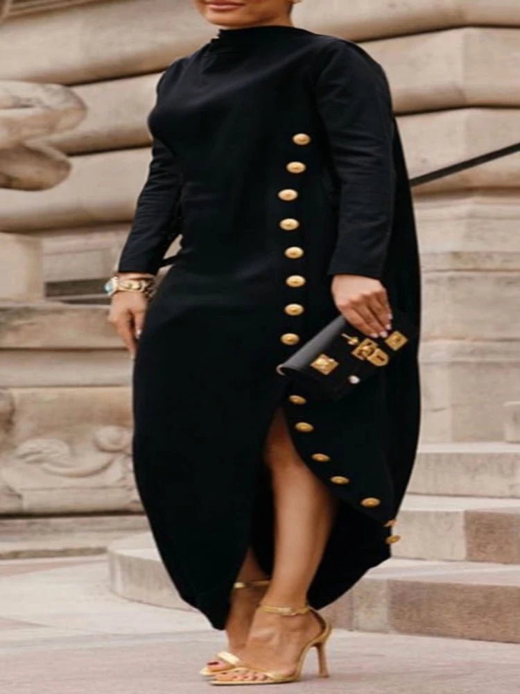 Women's Beautyblue Plus Size L - 5XL Black Dress Casual Asymmetric Buttoned High Neck Split - Side Long Sleeves Female Maxi Dresses - UT KICK ASSLadies Dress14:193#BLACK;5:23800842157