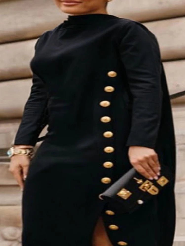 Women's Beautyblue Plus Size L - 5XL Black Dress Casual Asymmetric Buttoned High Neck Split - Side Long Sleeves Female Maxi Dresses - UT KICK ASSLadies Dress14:193#BLACK;5:23800842157