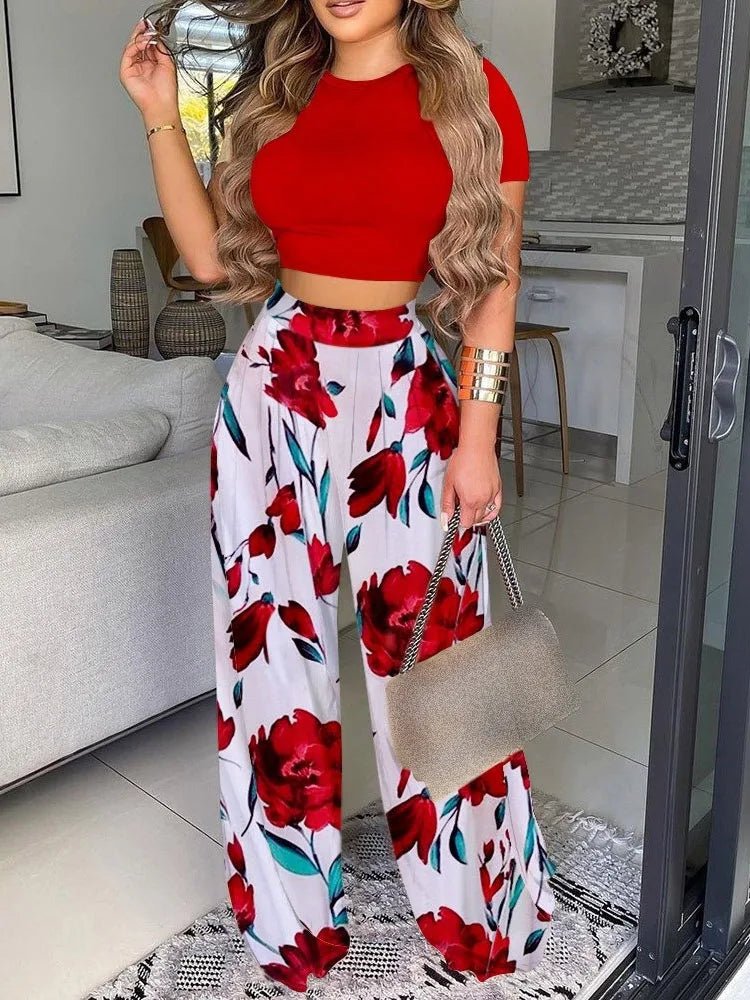 Women's Sexy Ultra Short Top Set S - XXL Summer Fashion Printed Corset Waist Long Pants Slim Elegant Female Casual Pants 2 Piece Set - UT KICK ASSSETS14:10;5:361386