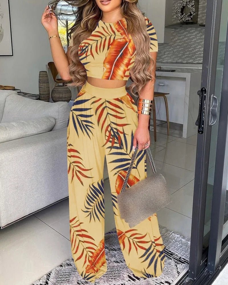 Women's Sexy Ultra Short Top Set S - XXL Summer Fashion Printed Corset Waist Long Pants Slim Elegant Female Casual Pants 2 Piece Set - UT KICK ASSSETS14:10;5:361386