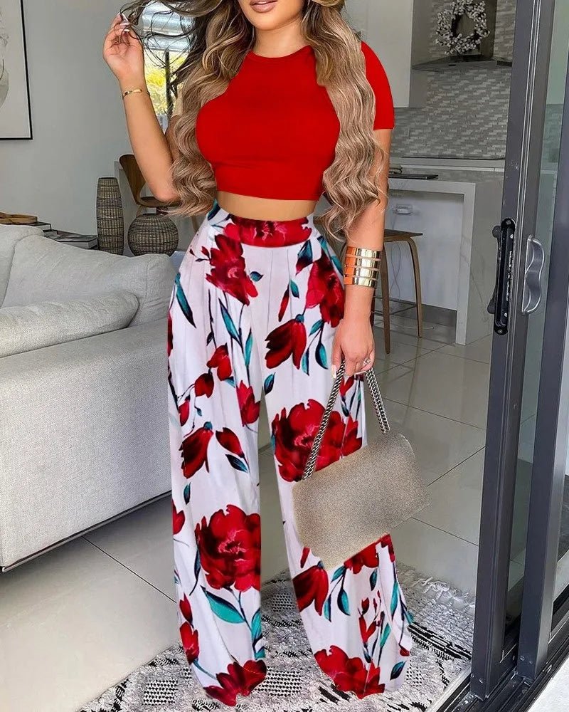 Women's Sexy Ultra Short Top Set S - XXL Summer Fashion Printed Corset Waist Long Pants Slim Elegant Female Casual Pants 2 Piece Set - UT KICK ASSSETS14:10;5:361386