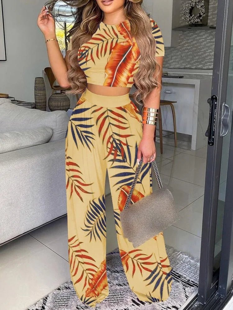 Women's Sexy Ultra Short Top Set S - XXL Summer Fashion Printed Corset Waist Long Pants Slim Elegant Female Casual Pants 2 Piece Set - UT KICK ASSSETS14:10;5:361386