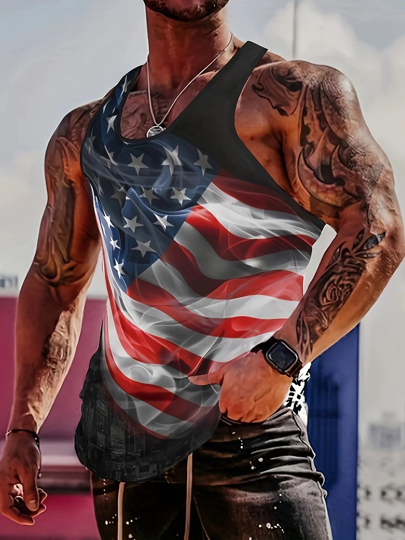 Workout Comfortable Breathable Flag Tank Top, Men's Casual Stretch Sleeveless T-Shirt, Suitable for Summer Gym Workout Training - UT KICK ASSflag14:193#A23KCPQG2429111;5:100014064