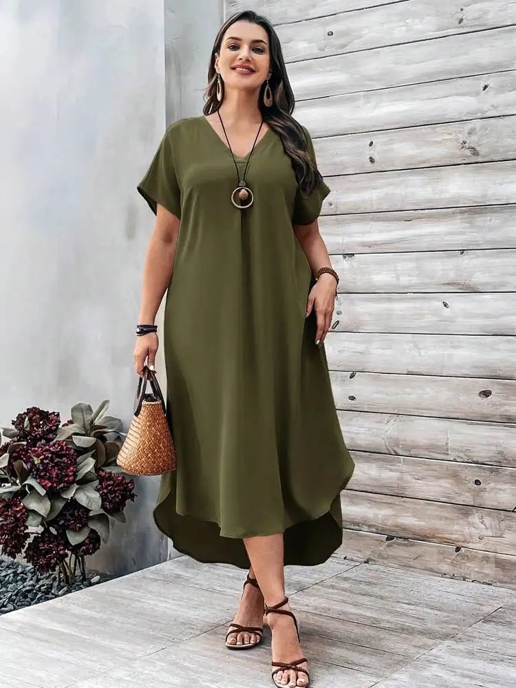 2024 Spring and Summer 1XL - 4XL Cross border European and American New Large Women's Fashion Casual V - neck Dress for Women Plus Size - UT KICK ASS14:365458;5:200000990