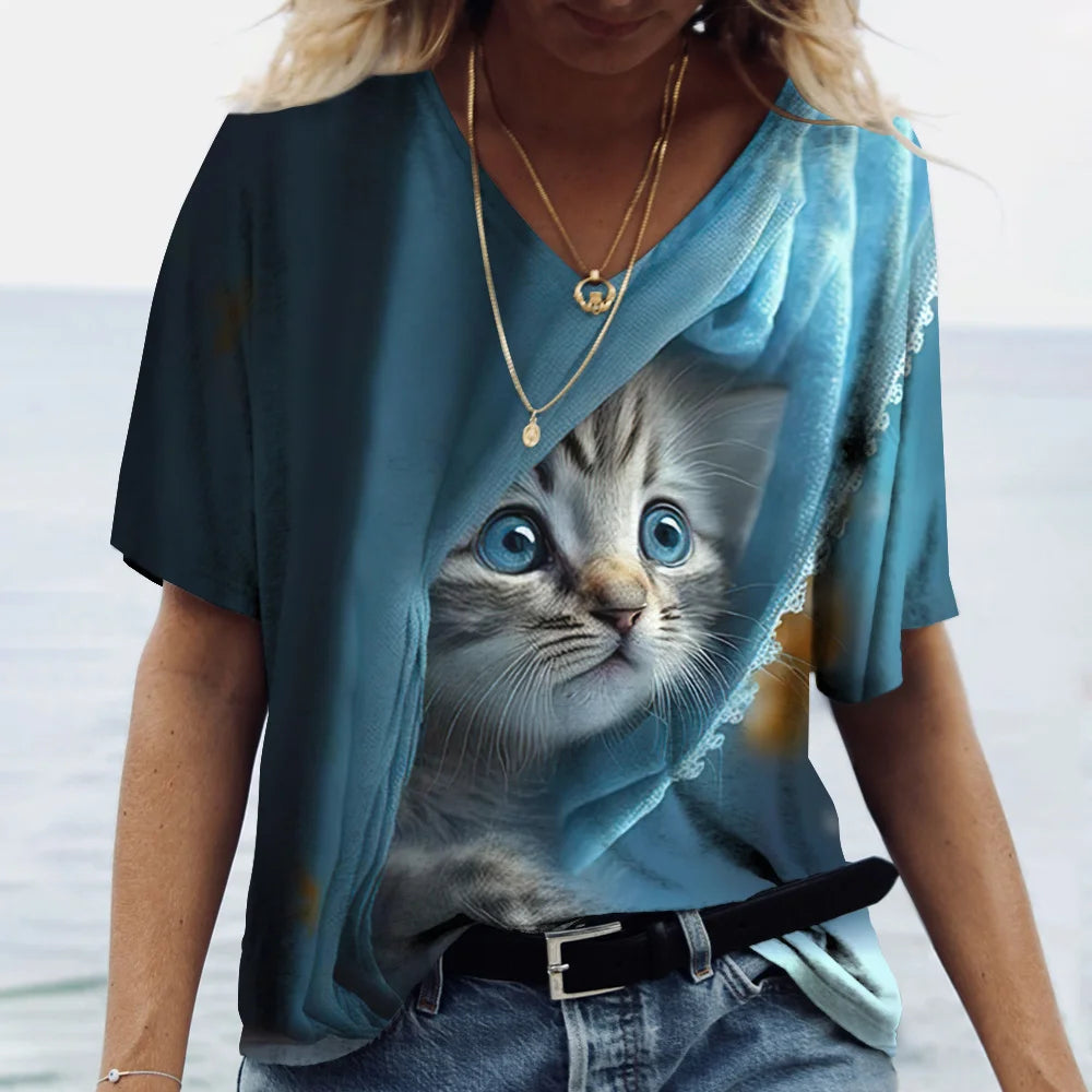 Fashion Women's M - 3XL Cat Printed Short Sleeve Female Harajuku Tees Ladies T Shirt Oversized V - neck Tops Animal Women Clothing - UT KICK ASStop14:175#K01 - SM01164;5:100014065