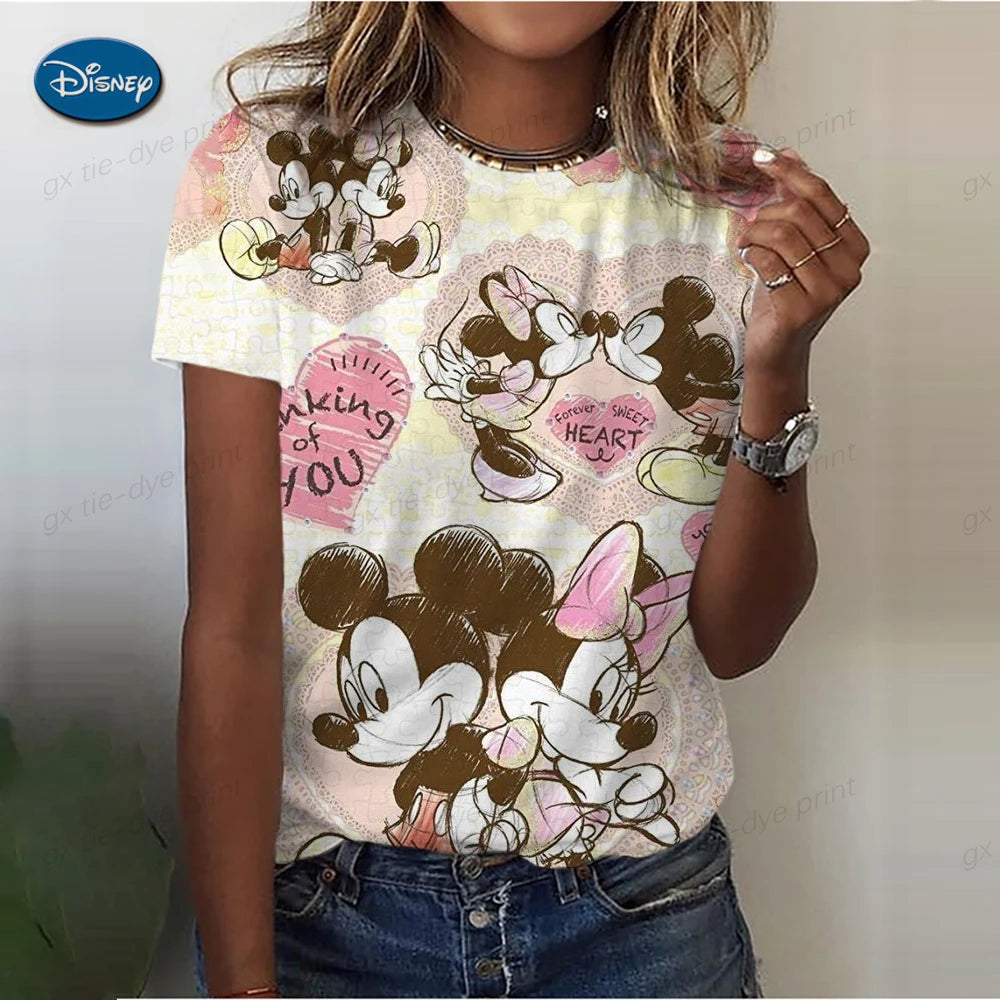 Women's Cute Mickey Mouse S-3XL Printed T-shirt Summer  Fashion Ladies Blouses 2024 Cartoon Minnie Female Tops Kawaii Clothes