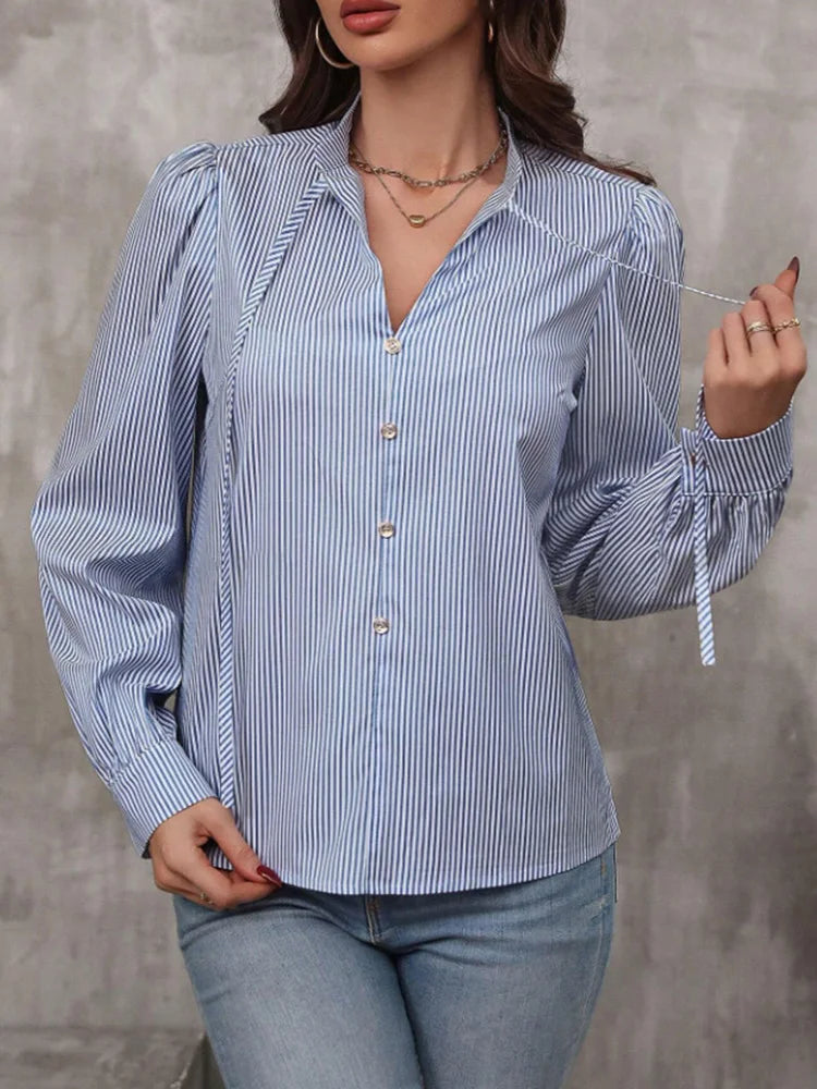 Women V-Neck Button Down S-XXL Long Sleeve Top Solid Color Striped Shirt Office Lady Work Clothes