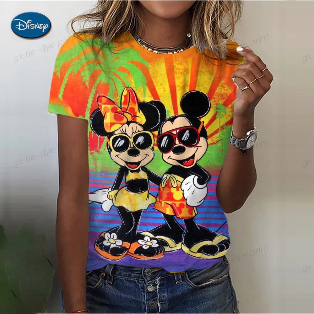 Women's Cute Mickey Mouse S-3XL Printed T-shirt Summer  Fashion Ladies Blouses 2024 Cartoon Minnie Female Tops Kawaii Clothes
