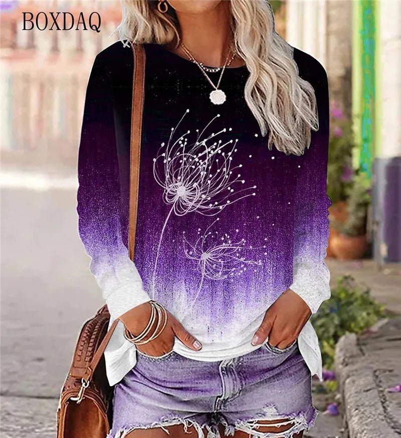 Dandelion Pattern L - 3XL Women T-Shirts Spring Autumn Long Sleeve 3D Plant&Flowers Print Street Gradient Ladies Tees 6XL Plus Size - UT KICK ASStshirt14:691#WSMT2312;5:100014064