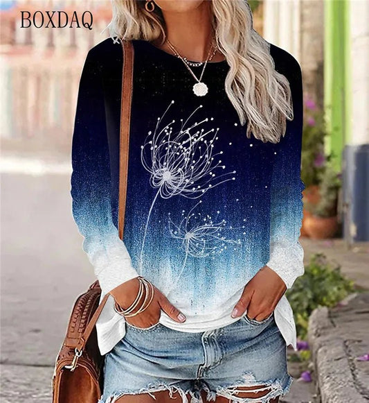 Dandelion Pattern L - 3XL Women T-Shirts Spring Autumn Long Sleeve 3D Plant&Flowers Print Street Gradient Ladies Tees 6XL Plus Size - UT KICK ASStshirt14:691#WSMT2312;5:100014064