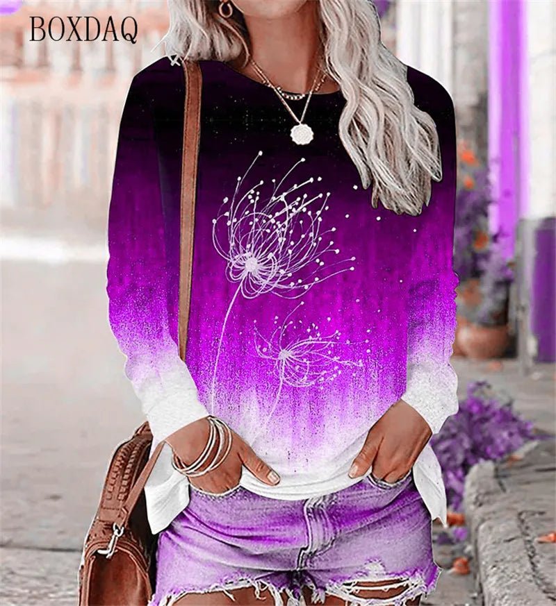 Dandelion Pattern L - 3XL Women T-Shirts Spring Autumn Long Sleeve 3D Plant&Flowers Print Street Gradient Ladies Tees 6XL Plus Size - UT KICK ASStshirt14:200004890#WSMT2313;5:361385