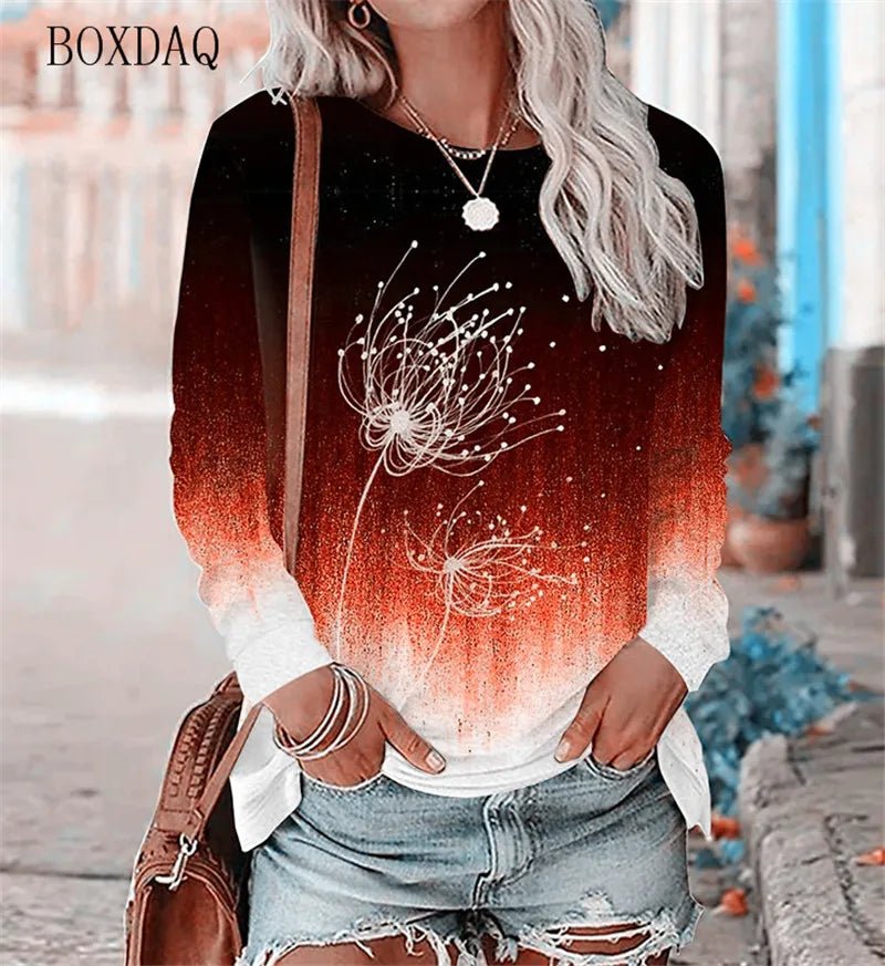 Dandelion Pattern L - 3XL Women T-Shirts Spring Autumn Long Sleeve 3D Plant&Flowers Print Street Gradient Ladies Tees 6XL Plus Size - UT KICK ASStshirt14:691#WSMT2312;5:100014064